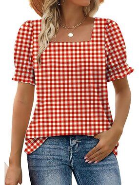 Women's Plaid Red Square Neck Top Summer Casual Ruffle Trim Sleeve T Shirt